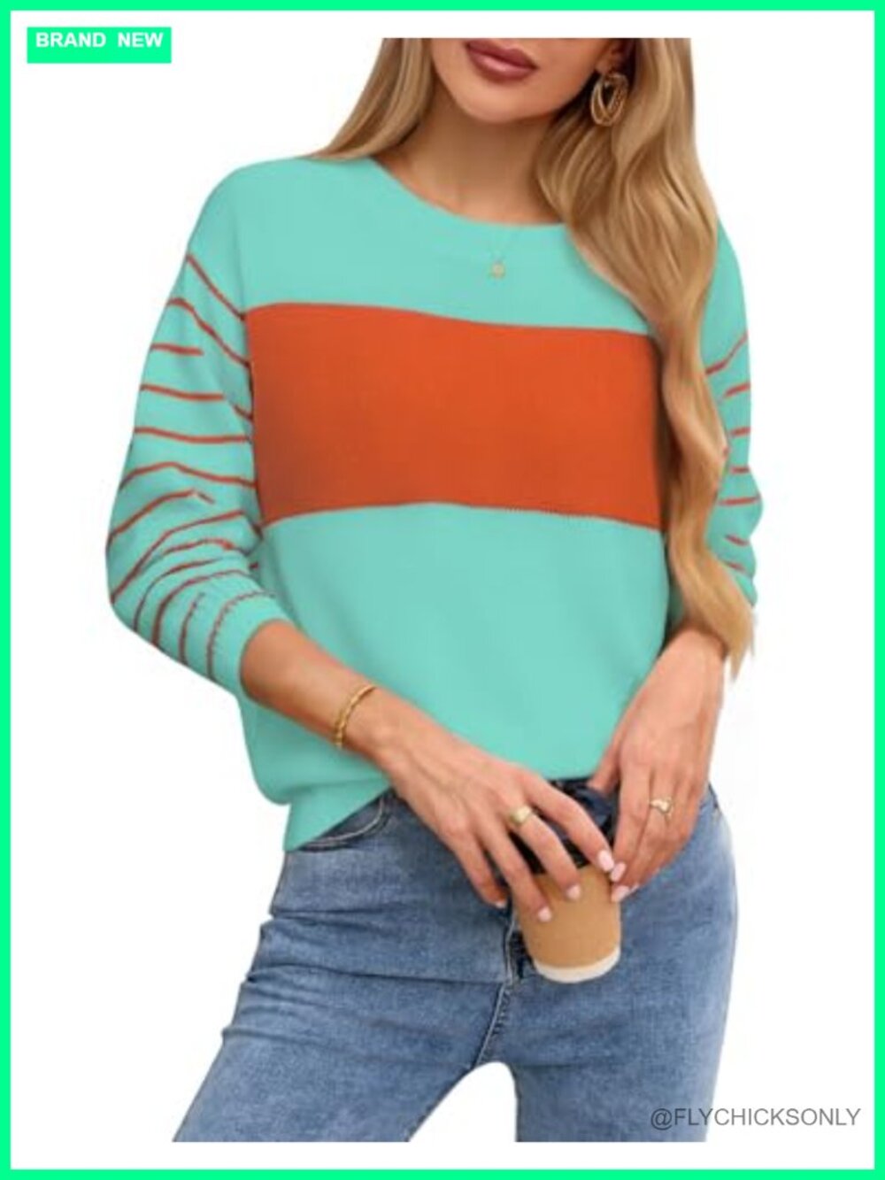 Women Loose Knit Pullover Sweater Long Sleeve Crewneck Color Block